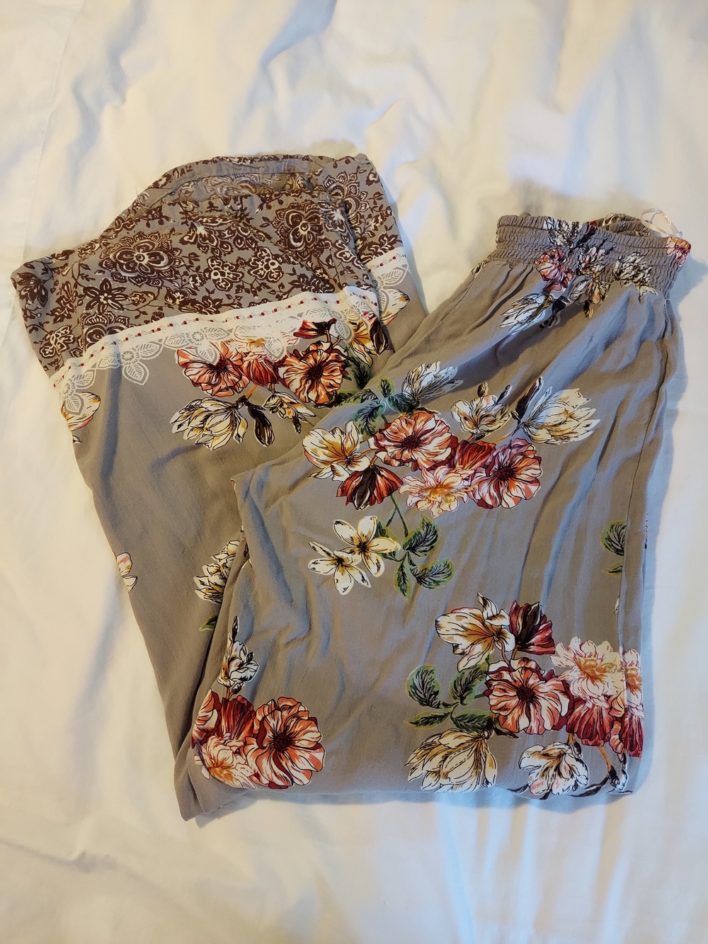 Angie Boho Wide Leg Floral Pants in Taupe with Pink & Green Accents - Picture 9 of 9